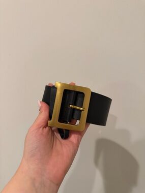 Christian Dior Wide Black Leather Belt with Antique Gold Square Buckle